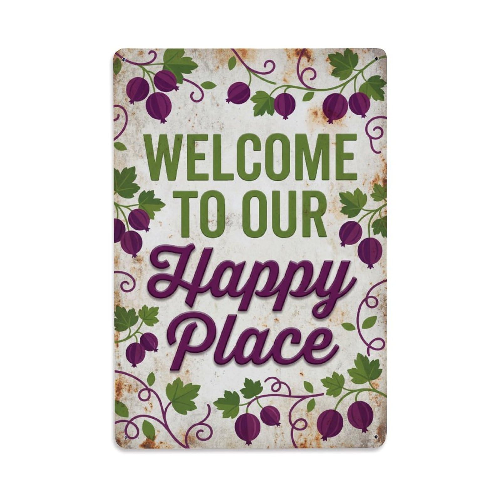 Welcome To Our Happy Place Jostaberry Garden Metal Tin Sign Plaque Wall Decor for Cafe, Club Bar, Office, Home Garden Metal Poster 8x12Inch