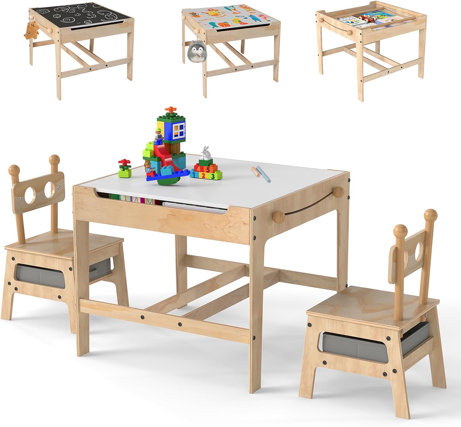 HONEY JOY Kids Table and Chairs, Children Wooden Activity Set with Double-Sided Whiteboard/Chalkboard, Storage, for Art, Craft, Drawing, Reading, Gift for Toddlers 3+ Years Old (23.5" x 23.5" x 19.5")