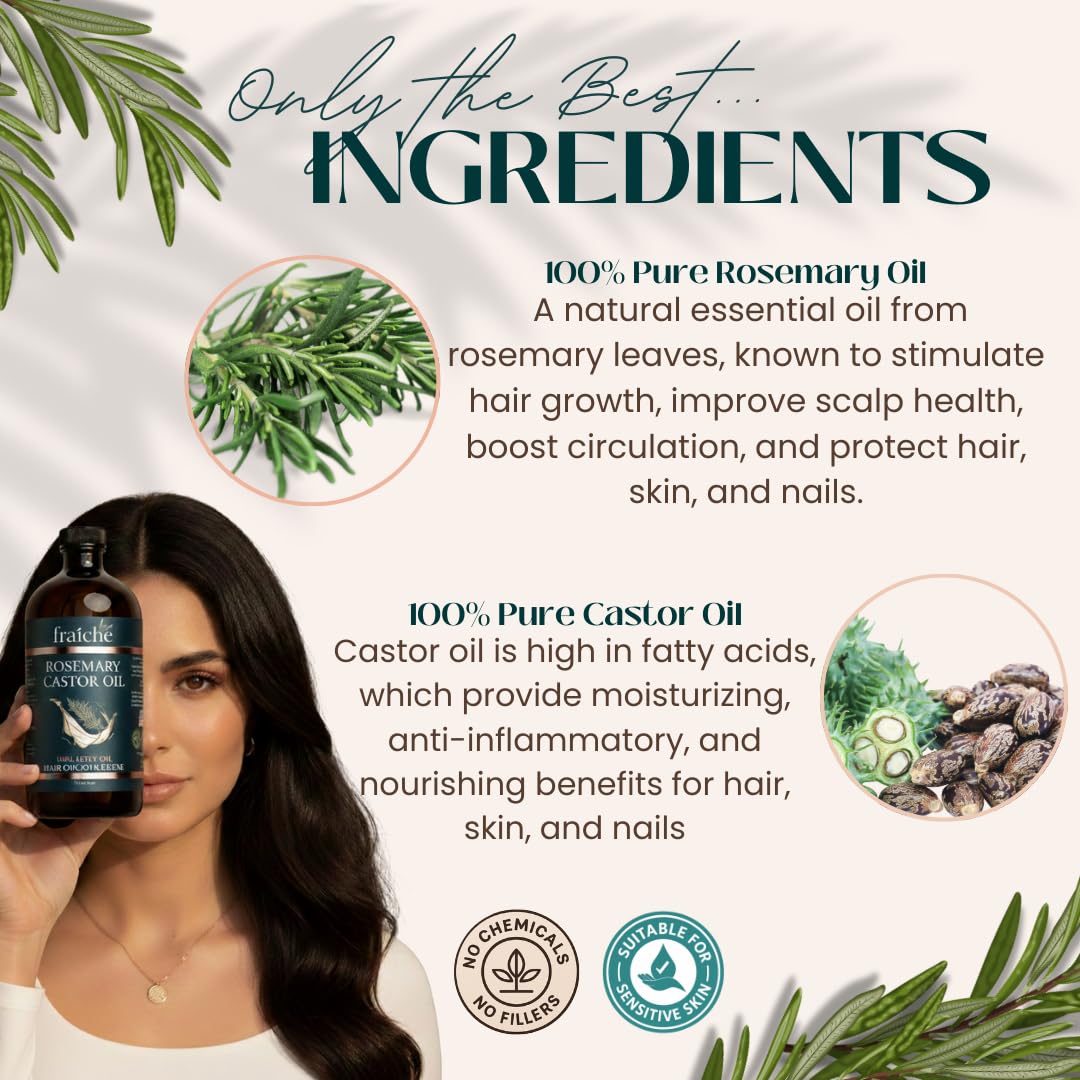 Live Fraiche Rosemary Castor Oil Glass Bottle 16oz - Organic Cold Pressed Hexane Free Castor Oil for Hair Growth - Natural Rosemary Oil to Reduce Hair Loss, Thicken & Strengthen for Healthy Scalp
