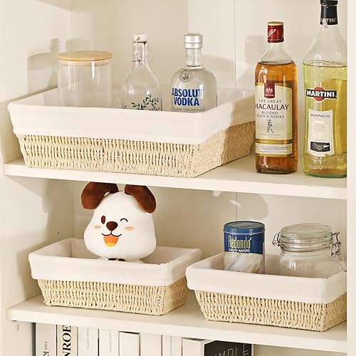 Miniatura 5 de Vagusicc Cesta de almacenamiento, juego de 3 cestas de mimbre de cuerda de papel tejida para almacenamiento con asas, cubos grandes de 15 pulgadas,