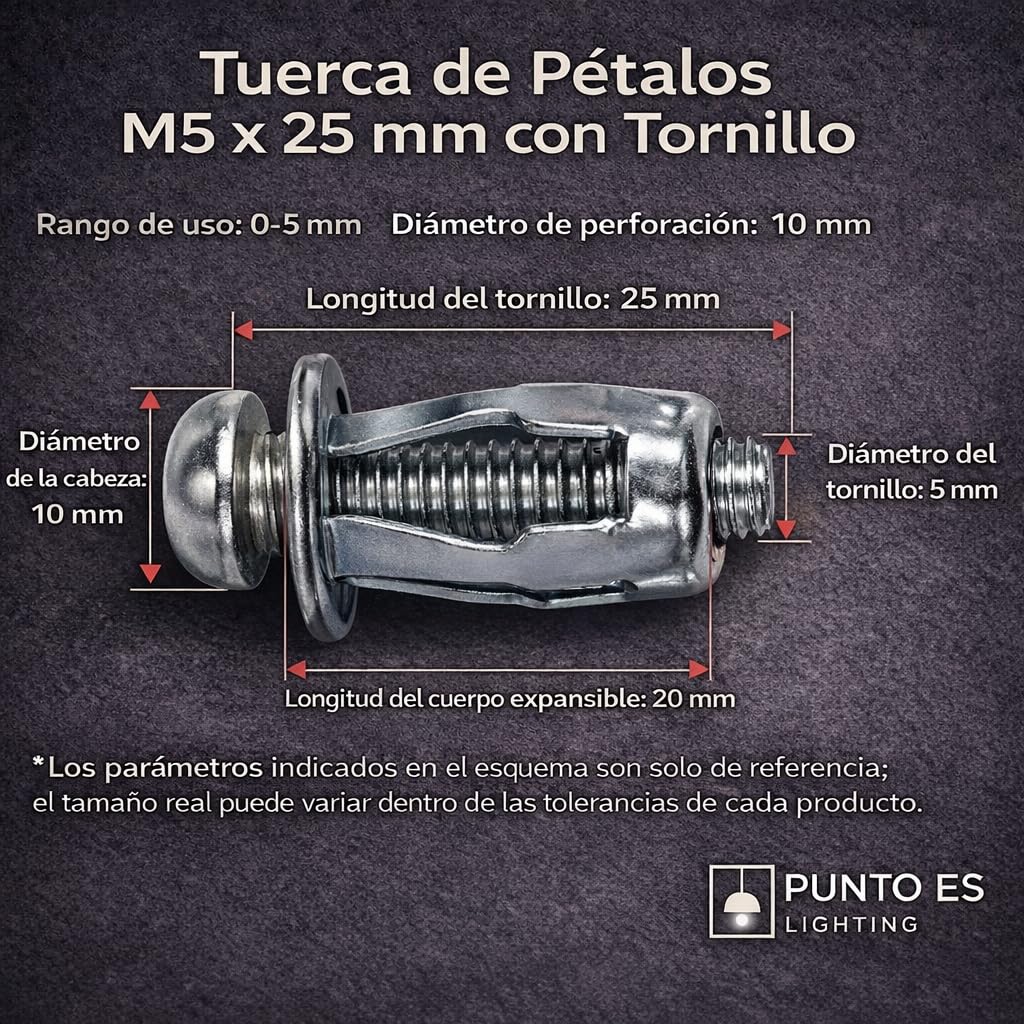 Set of 60 Petal Nuts with Screw M4, M5, M6 – Galvanised Steel Expansion Plugs for Drywall and Hollow Wall PUNTO ES LIGHTING