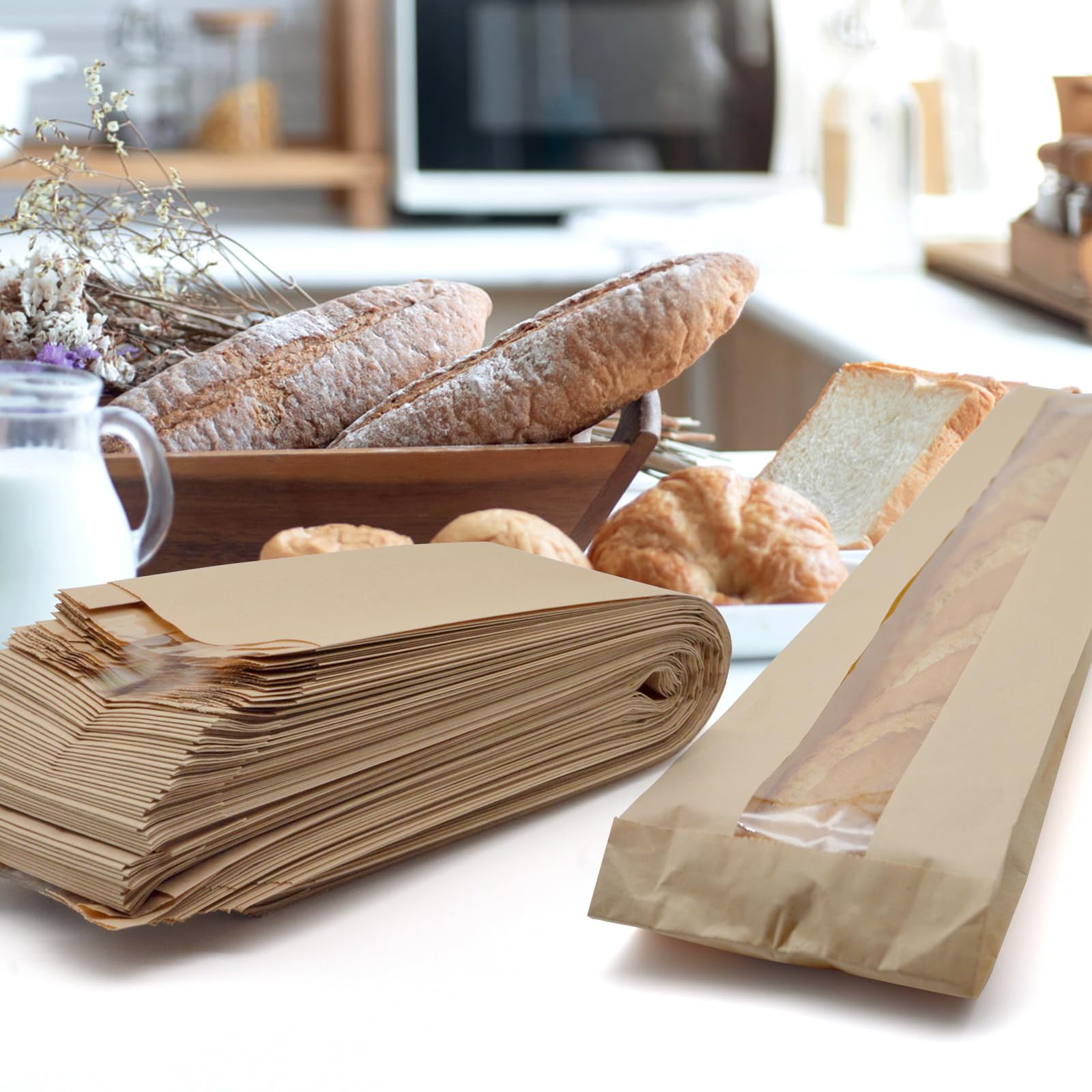 Paquete de 65 bolsas de papel para pan con calcomanías, bolsas largas de pan francés, bolsas de papel kraft con ventana transparente para pan casero y almacenamiento de alimentos horneados