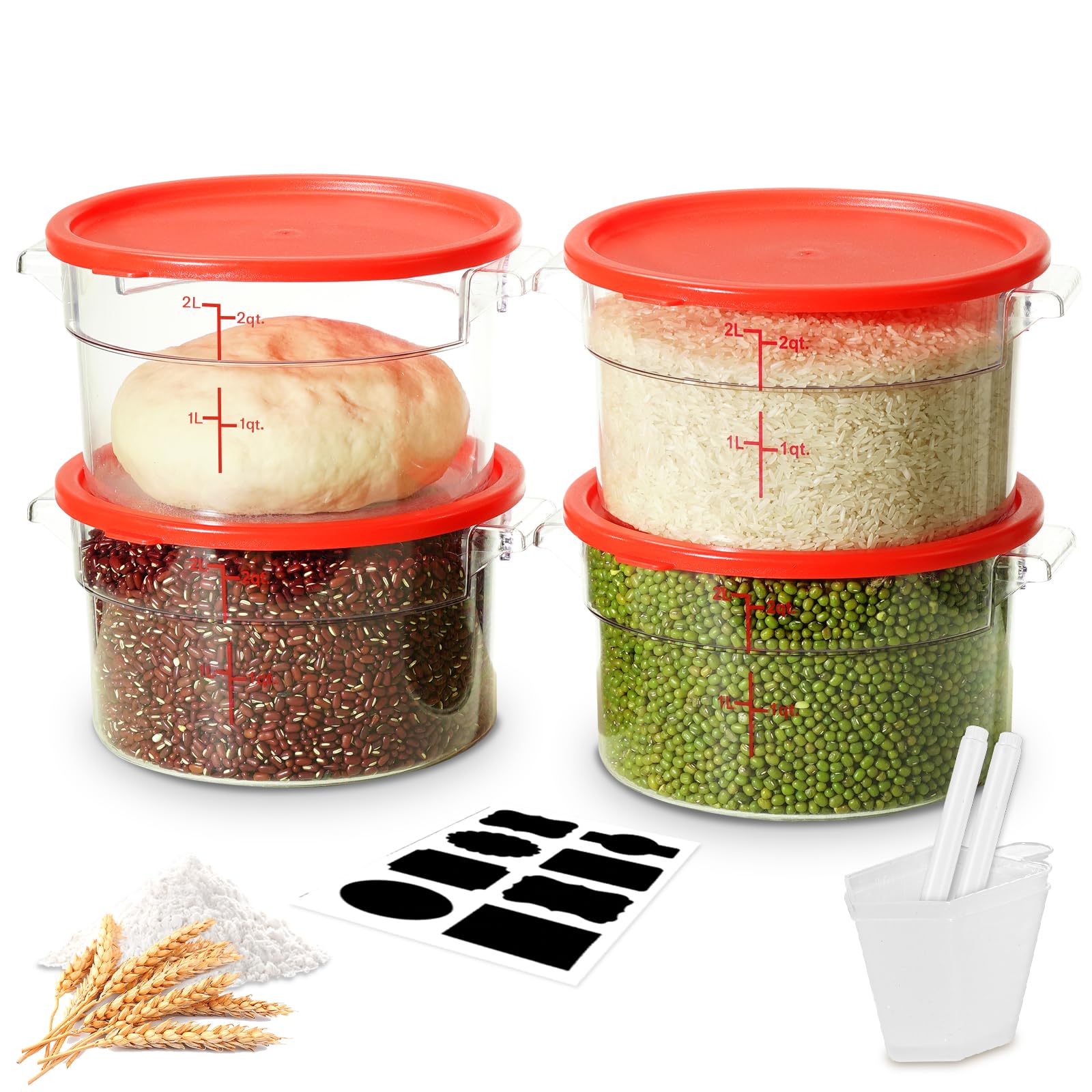 2QT&amp;4QT 4PCS NSF Commercial Clear Food Storage Containers with Lids(RED)