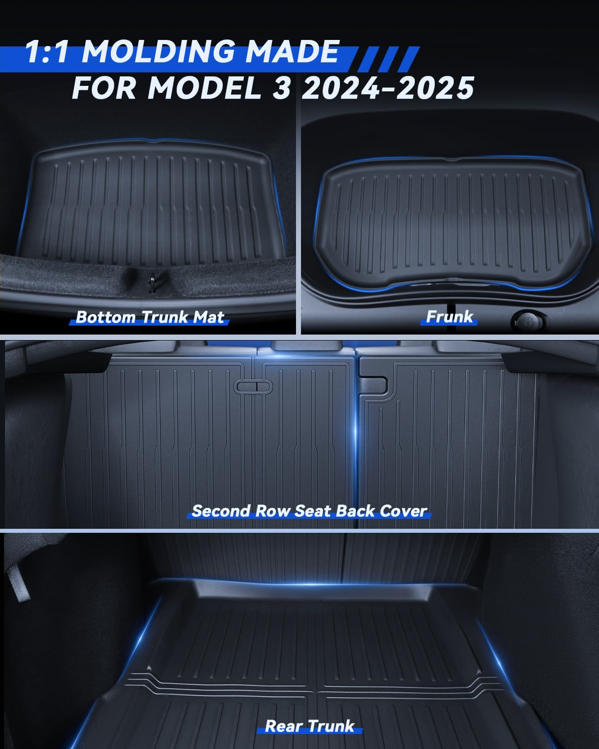 Alfombrillas 8 Piezas para Tesla Model 3 2024-2026 TPE para Todo Clima 3D con Borde Alto Antideslizante Impermeable Alfombrilla de Maletero y Respaldo para Segunda Fila de Asientos para Model 3