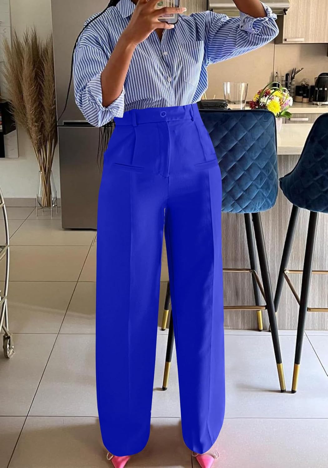 Tbahhir Women High Waisted Work Pants Wide Leg Dress Pants Straight Trousers Casual Business Slacks with Pockets - Image 2