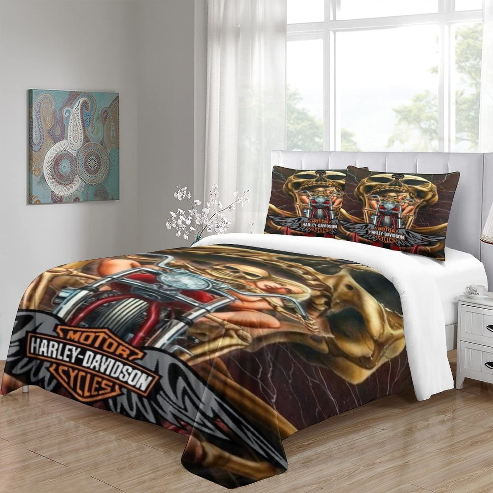 Harley Davidson Bettbezug Bettwäsche-Set,Skull Druck Bettdeckenbezug Für Kinder Jungen Mädchen Teenager Schlafzimmer Dekoration Single(135x200cm) Küche, Haushalt & Wohnen