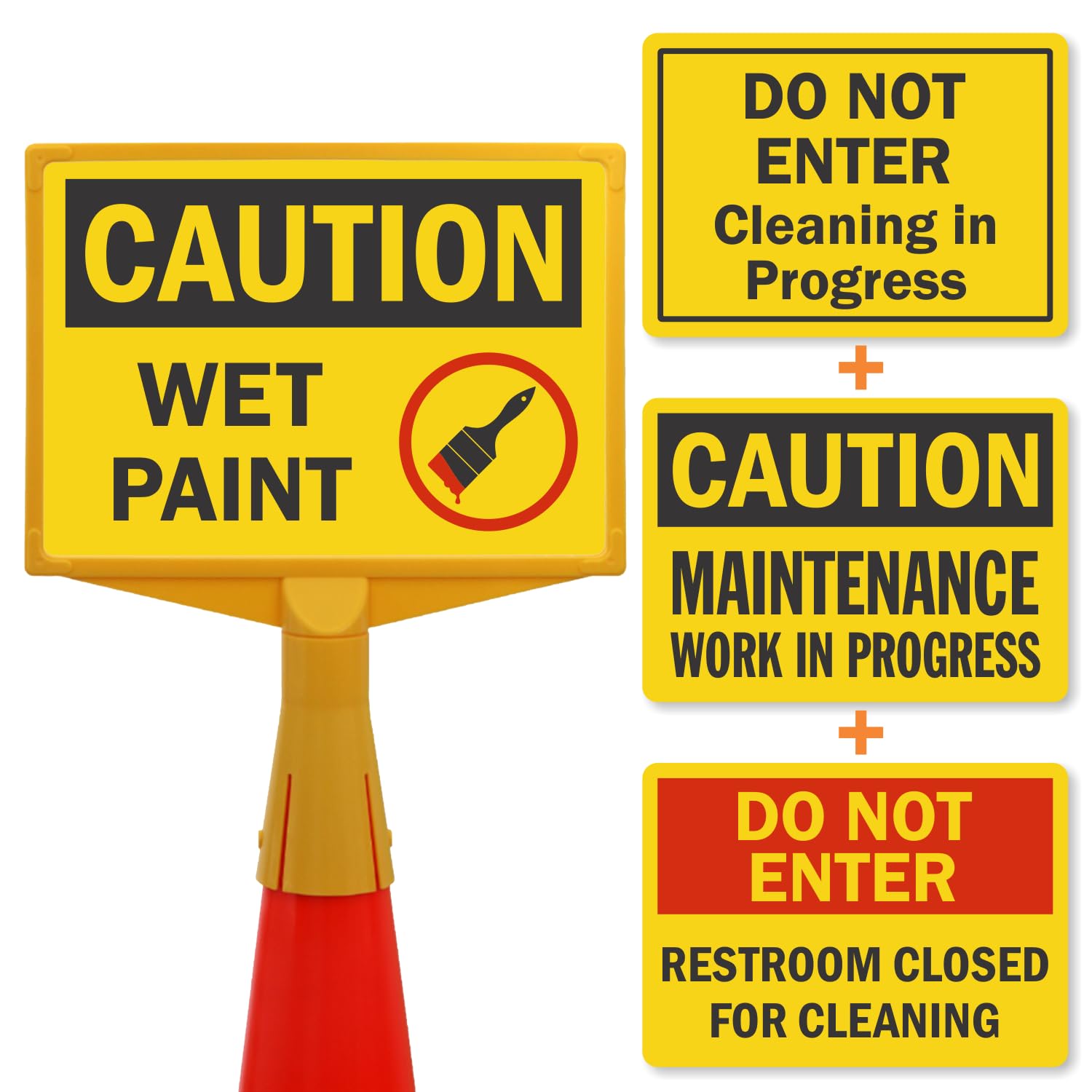 SmartSign Cleaning Maintenance Sign Kit with 1 Cone Top Sign Holder Frame & 4 Changeable Plastic 10"x14" Signs "Wet Paint, Cleaning In Progress, Maintenance Work, Restroom Closed", USA-Made