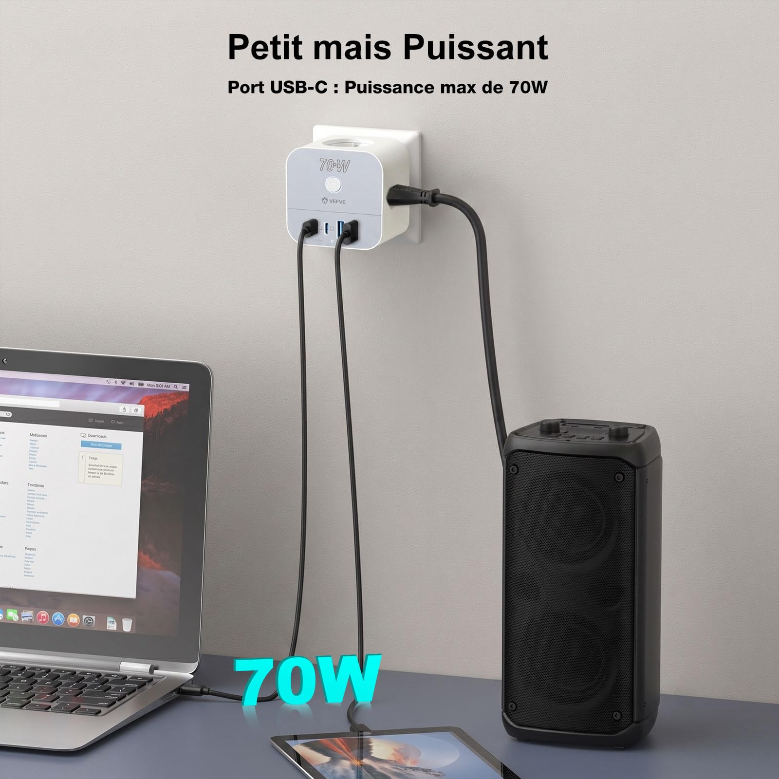 VEFVE Chargeur Rapide USB C 70W GaN III, Multiprise Cube 7 en 1 avec Interrupteur, Bloc Multiprise sans Fil (1 Prise Schuko, 2 Prises Euro, 4 USB) pour PC Portable, Téléphone, MacBook - Blanc