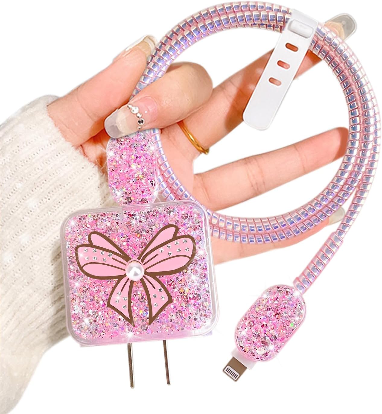 CameCosy Glitter Cable Protector for iPhone 18W/20W Adapter Charger, Bling Luxury Butterfly Bow Tie Pattern, Clear Data Line Cable Wire Saver Charger Protector for iPhone 11 12 13 14 15 Pro Max-Pink