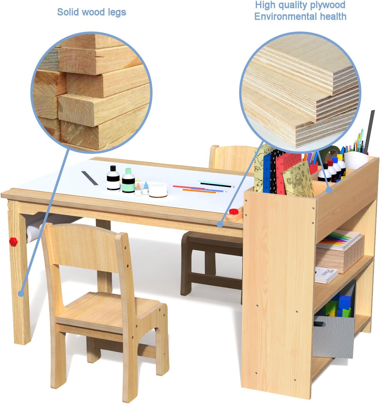 Close-up of GDLF Kids Art Table materials: solid wood legs and high-quality plywood