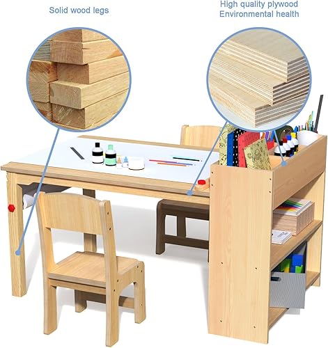Miniatura 7 de GDLF Mesa de arte para niños y 2 sillas, escritorio de madera para manualidades, actividad y dibujo, muebles para niños, 42 pulgadas de largo x 23