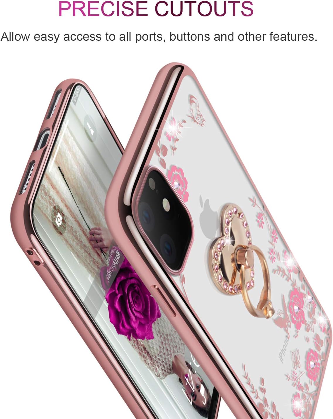 WATACHE iPhone 11 Pro Max Case, Glitter Sparkly Diamond Secret Garden Floral Butterfly Clear Back Soft TPU Case with Bling Ring Grip Holder Stand for Apple iPhone 11 Pro Max,Rose Gold