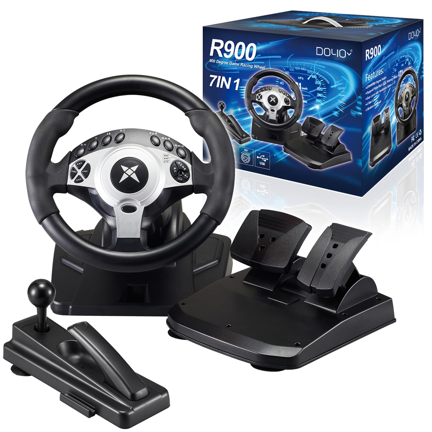 DOYO Rennrad mit 270/400°/900° Drehung, PC-Lenkrad mit Pedalen, Dual-Motor Vibration & Getriebeschalter für PS3, PS4, PC, Switch