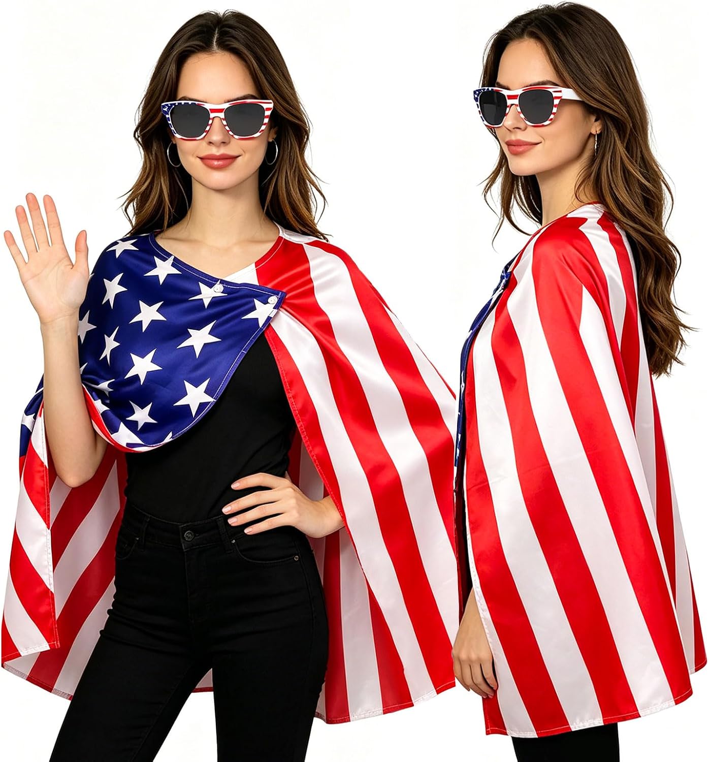 4th of July American Flag Dress for Women, Stars and Stripes Patriotic Outfit with Glasses and Bracelet