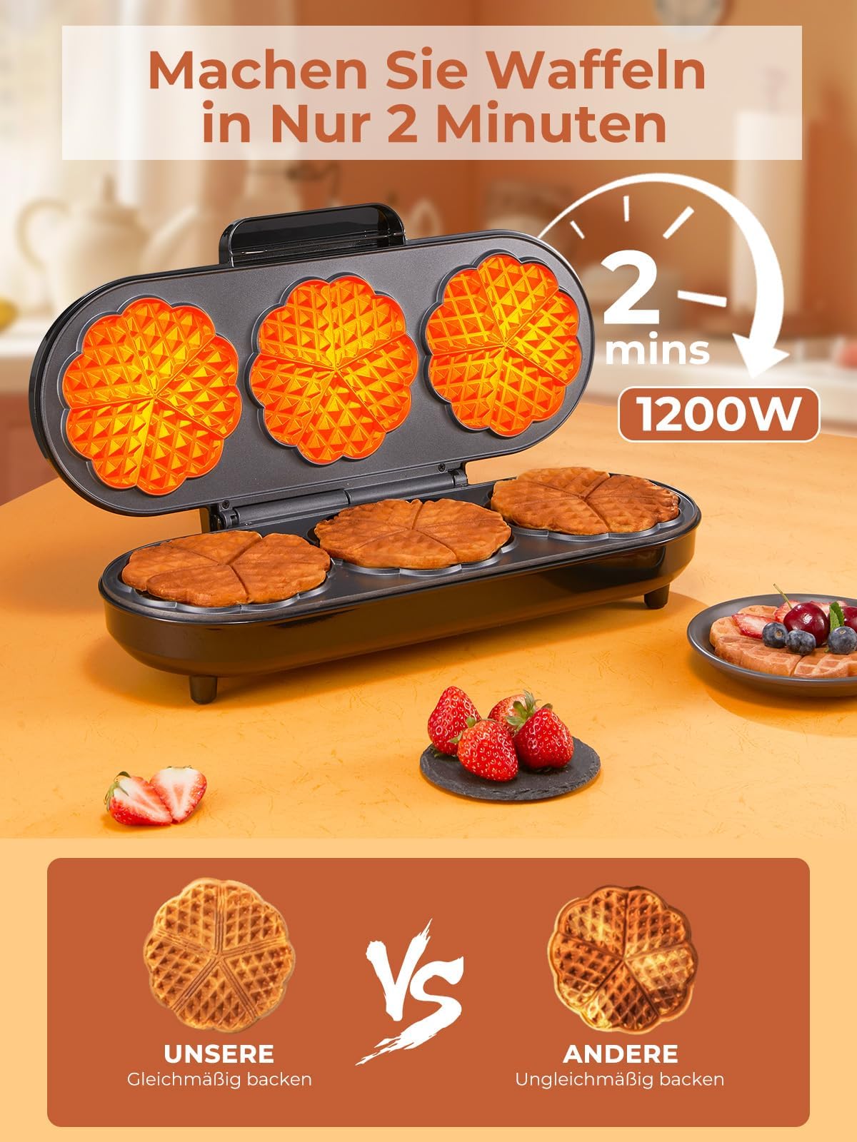 FOHERE King Size Waffeleisen, 15 Herzwaffeln in 2 Minuten, Herzwaffeleisen mit 3 Antihaftbeschichteten Backflächen für klassische Herzwaffeln, Backampel, Edelstahl, ideal für Familie & Party (silbern)