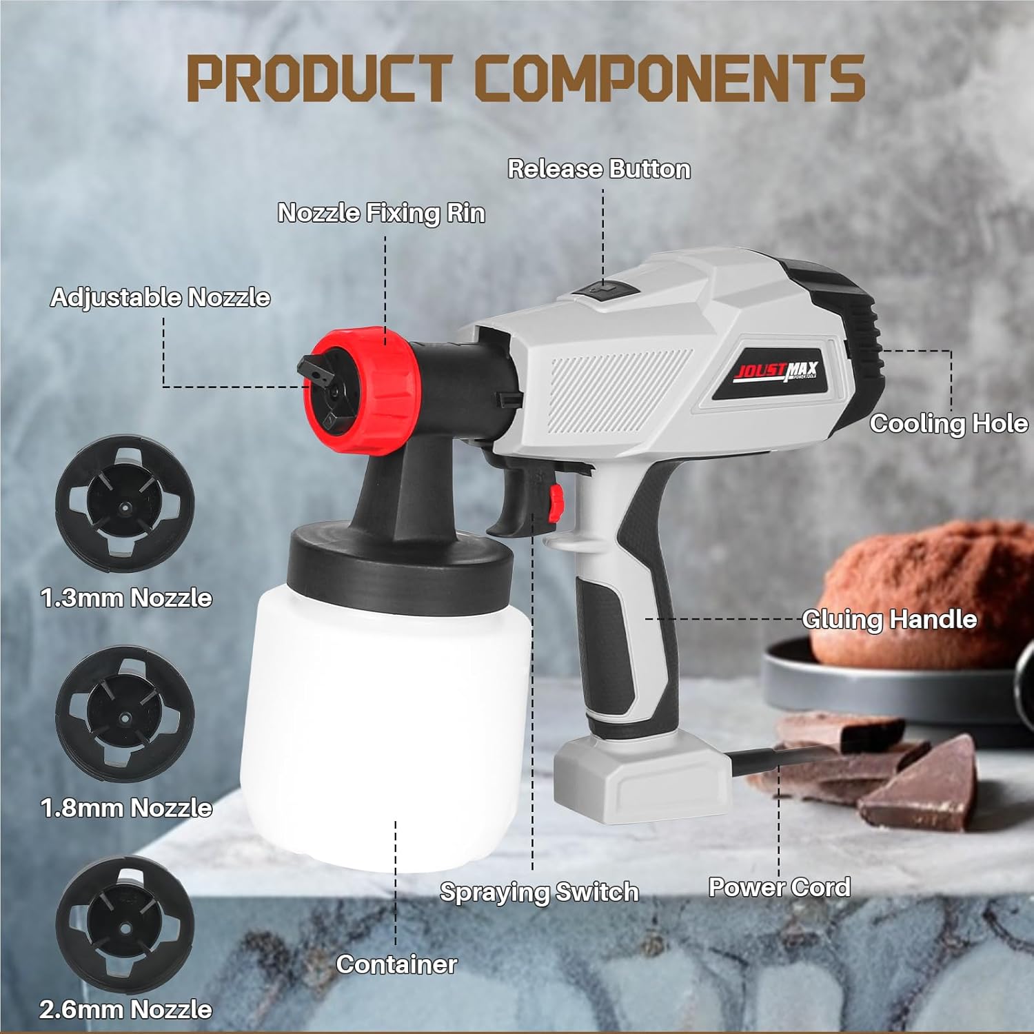 500W Chocolate Spray Gun with 3 Nozzles (1.3/1.8/2.6mm) 3 Patterns, Airbrush Coloring Gun for DIY Baking Cake Dessert Decoration or Industrial Painting