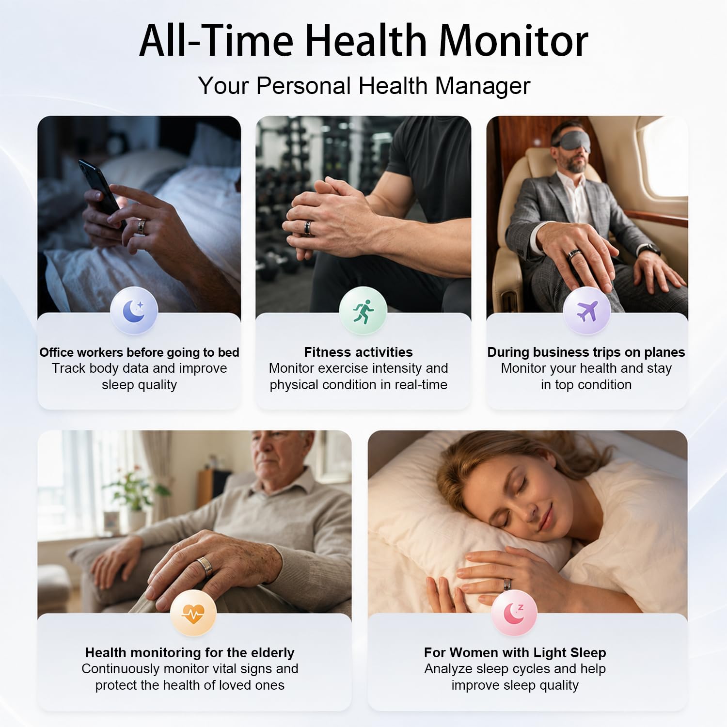 Smart Ring 1.0 pour homme/femme, pas de frais d'abonnement, autonomie de 7 à 8 jours, HRV/surveillance du stress/suivi du sommeil/fitness pour iOS et Android (noir brillant, 6)