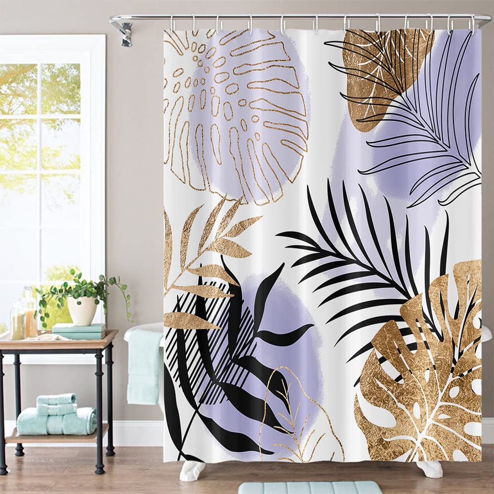 Umpoo Purple Boho Chic Shower Curtain 60Wx72H Mid Century Geometric Black Golden Abstract Leaves Minimalist Aesthetic Modern Art Fabric Waterproof Home Bathroom Decor 12 Plastic Hooks