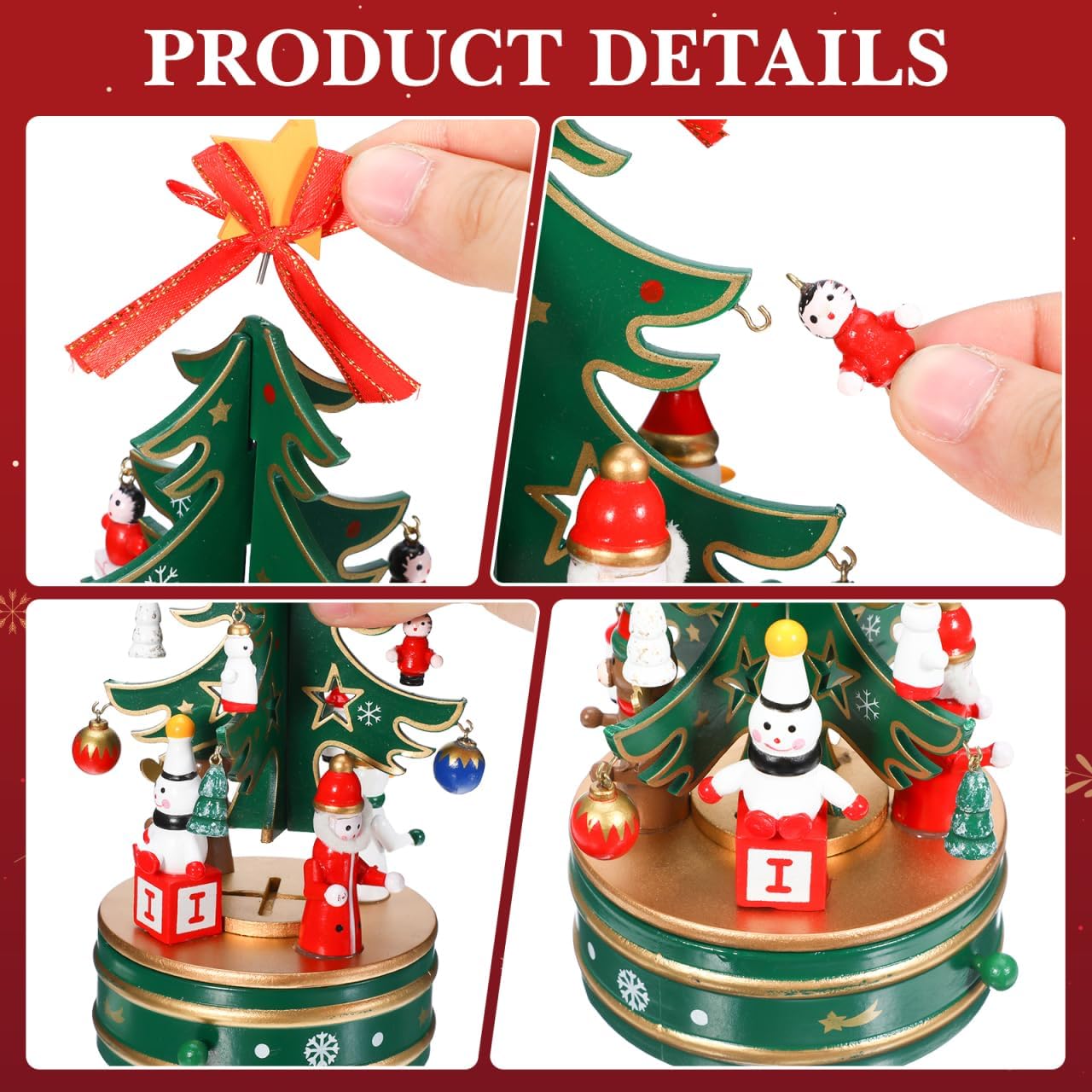 Cabilock Christmas Wooden Rotating Music Box, Mini Christmas Tree Wind-up Musical Box, Tabletop Decoration Ideal
