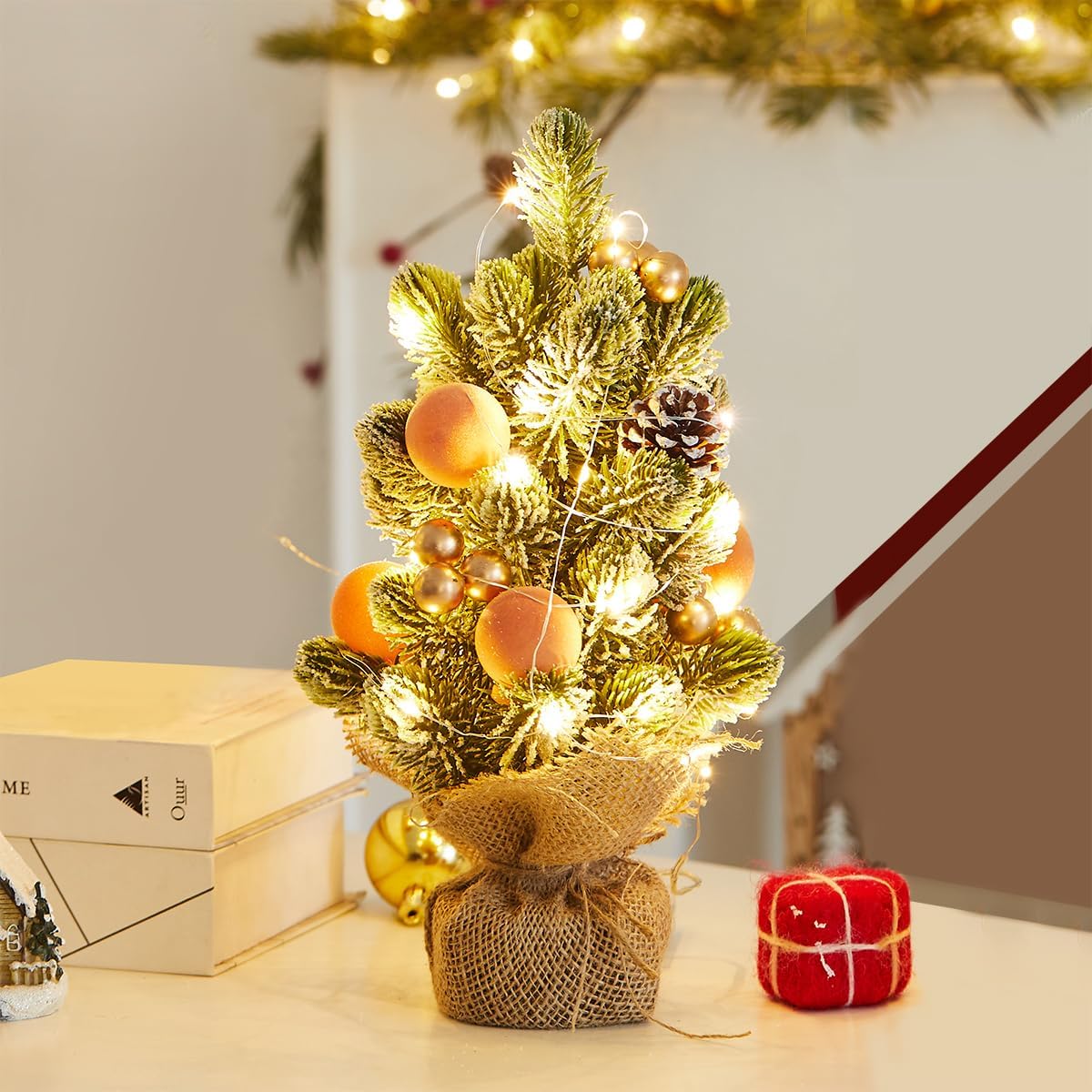 Burlap Small Christmas Tree Decor with Lights - Mini Tabletop Artificial Tree Centerpiece for Indoor Home Office Desk Holiday Decorations(Gold Ornament)
