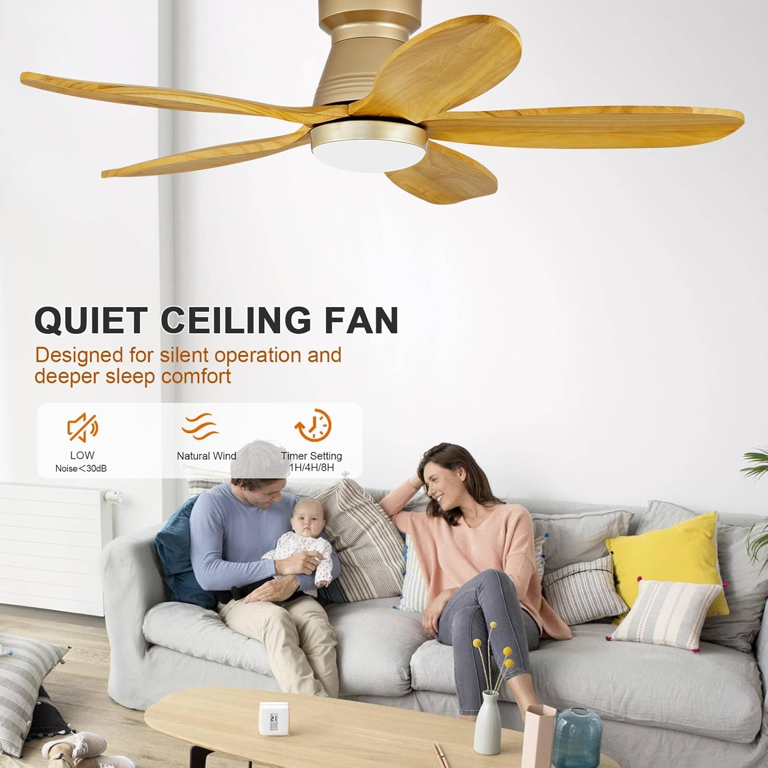 42 Inch Flush Mount Ceiling Fans with Lights and Remote, Dimmable, Wall Switch, 5 Blades Wood Ceiling Fan with Light, Low Profile Outdoor Indoor Modern Ceiling Fan for Bedroom Patio