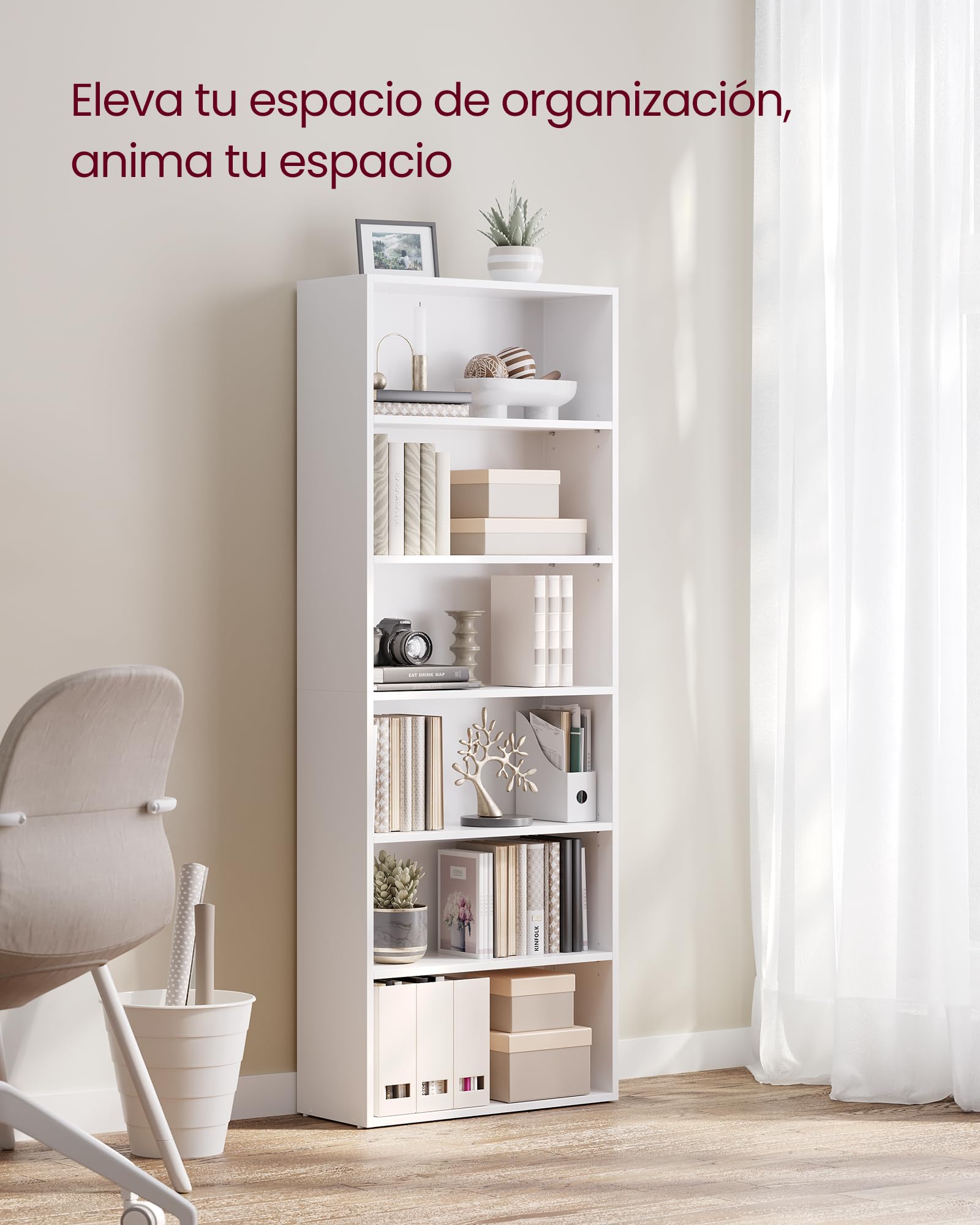 VASAGLE Custos Colección - Librería de 6 Niveles, Estantería de Libros, Organizador con Compartimentos, Estantes Abiertos y Ajustables, para Sala de Estar, Oficina, Dormitorio, Blanco Nube LBC166T14