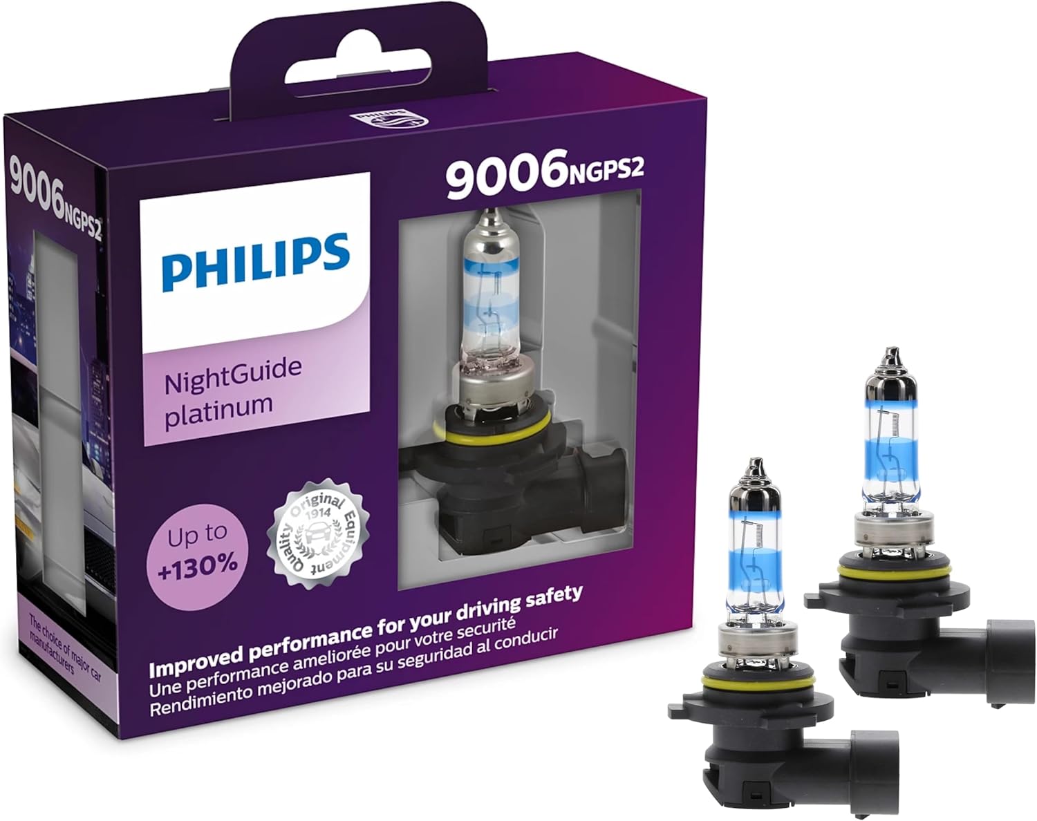 Philips Automotive Lighting 9006 NightGuide Platinum Premium Upgrade Automotive Replacement Headlight Bulb, Fits Select High Beam, Low Beam, and Fog Positions (Pack of 2)
