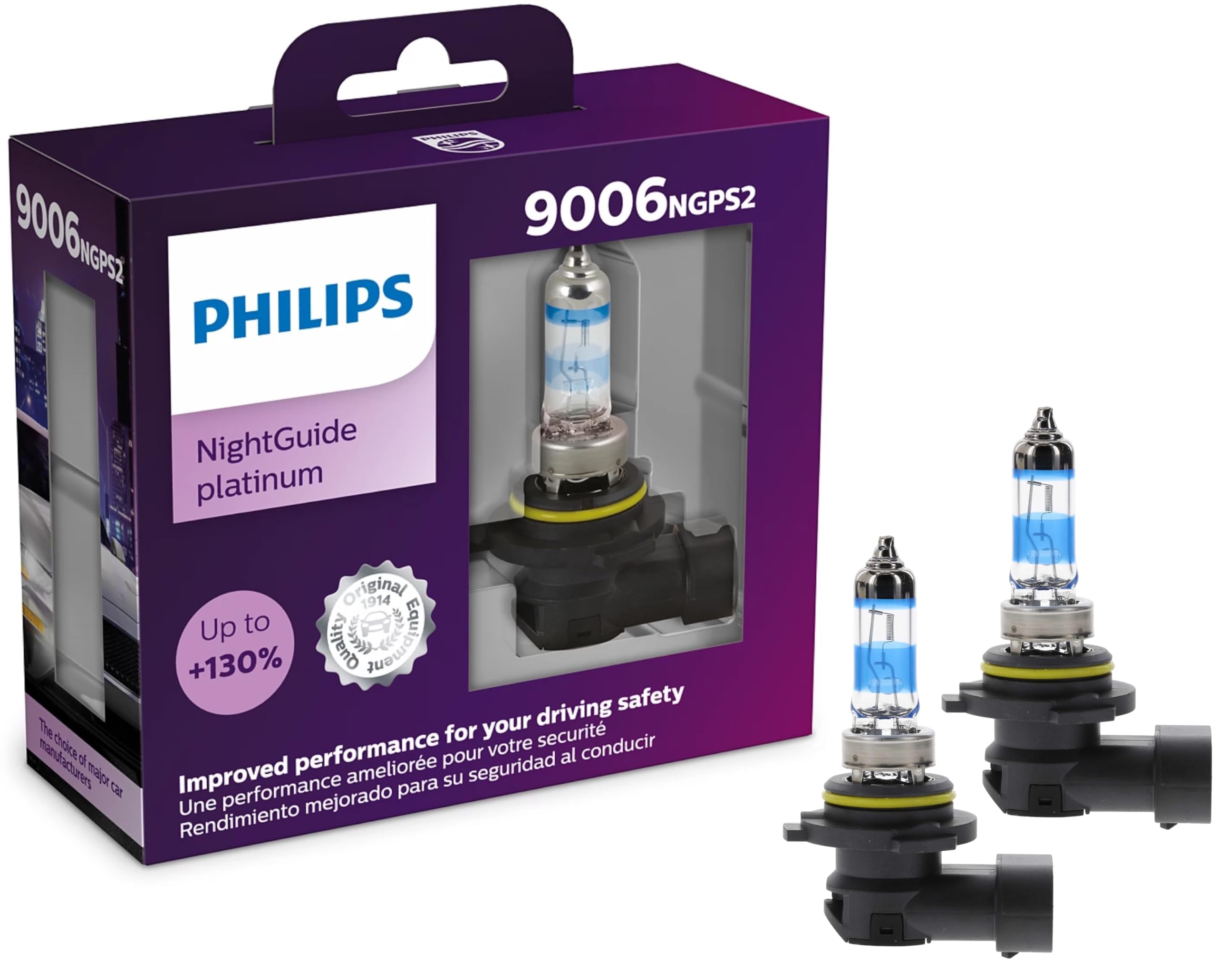 Philips Automotive Lighting 9006 NightGuide Platinum Premium Upgrade Automotive Replacement Headlight Bulb, Fits Select High Beam, Low Beam, and Fog Positions (Pack of 2)