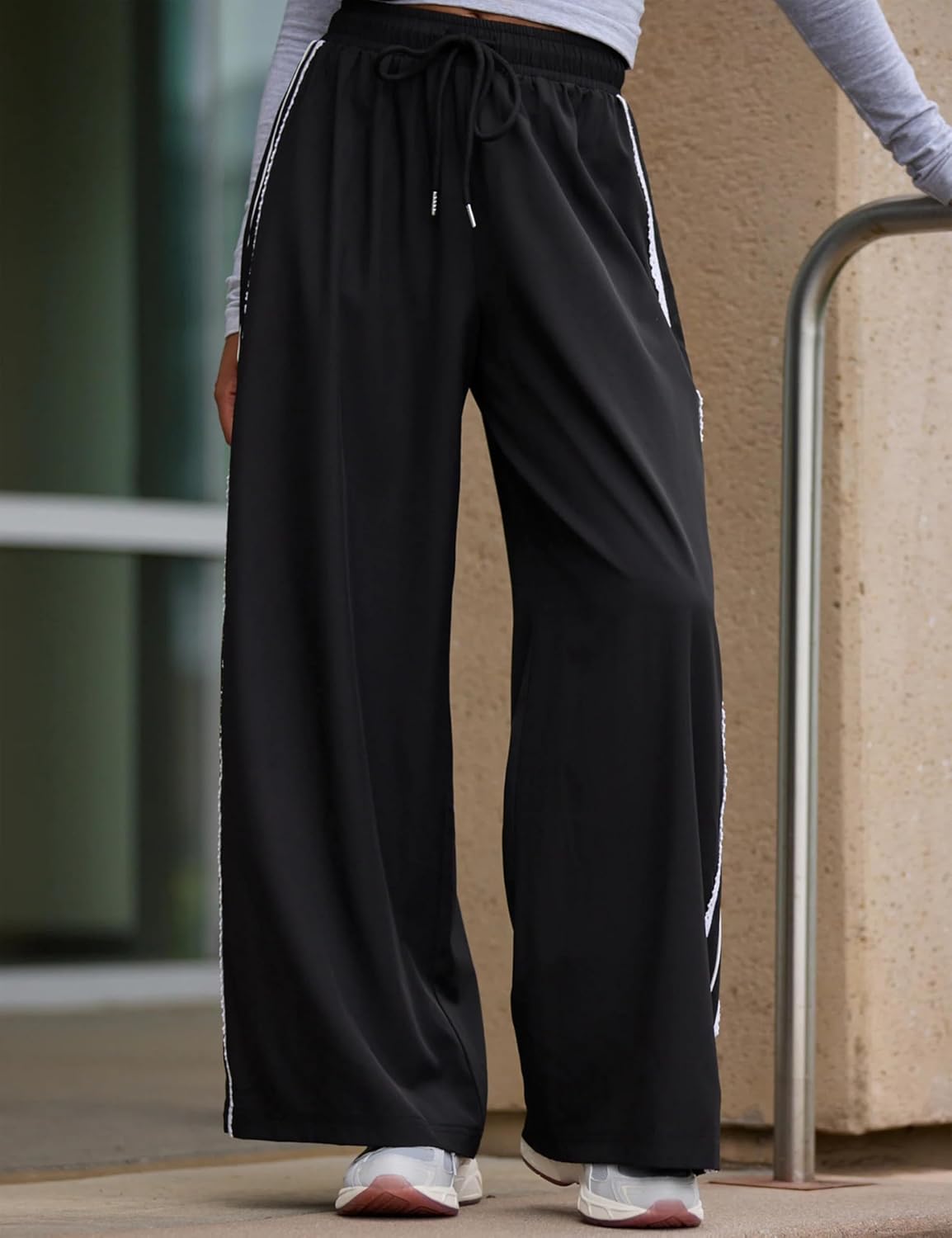 Yeokou Women's Wide Leg Pants Side Stripe Crochet Slip on Drawstring Casual Running Track Palazzo Pants with Pockets image 2