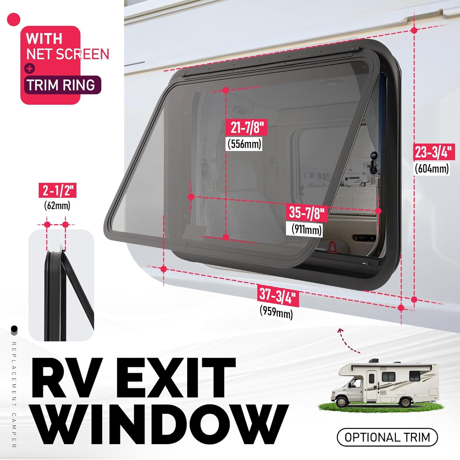 36" W x 22" H RV Exit Window Optional Trim Camper RV Push Side Emergency Window Replacement W/Trim Ring, Net Screen for Cargo Trailer Camper Van Truck