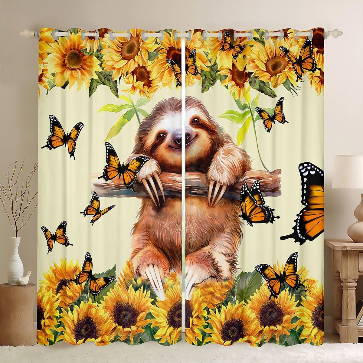 Feelyou Cute Sloth Blackout Curtain Sunflower Sloth Curtains for Kids Boys Girls Butterfly Window Drapes Botanical Floral Window Treatments 38W X 45L，2 Panels