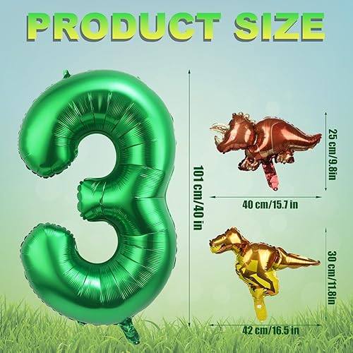 Miniatura 2 de Globo de dinosaurio número 3 verde oscuro de 40 pulgadas, papel de aluminio para fiesta de cumpleaños, decoración de celebración de aniversario