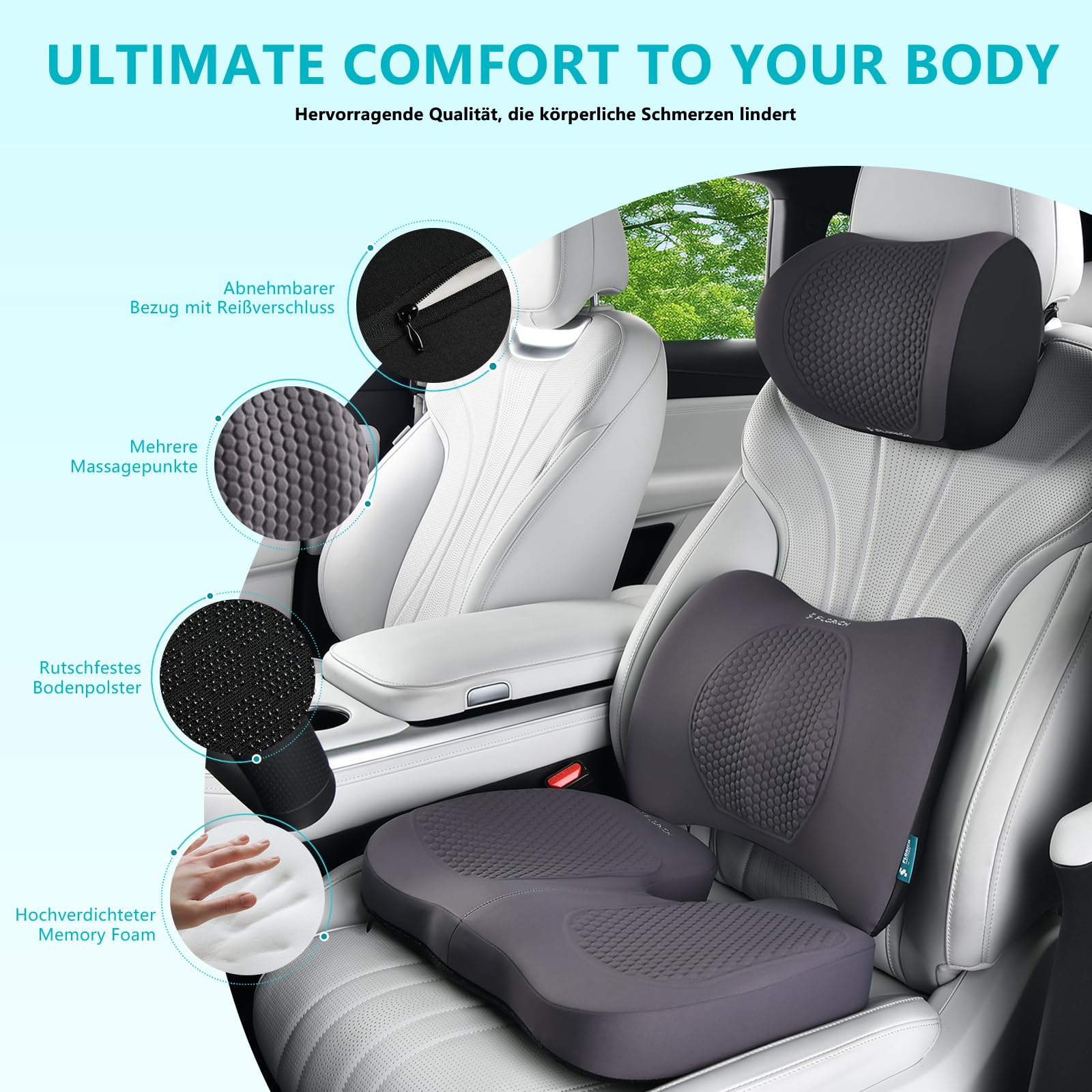 FLORICH Cojín para Asiento de Coche, Cojín Lumbar para Reposacabezas de Coche con Espuma Viscoelástica de Gel Cojín Ergonomisches Sitzkissen für Bürostuhl y Asiento de Coche, Tipo3-Gris