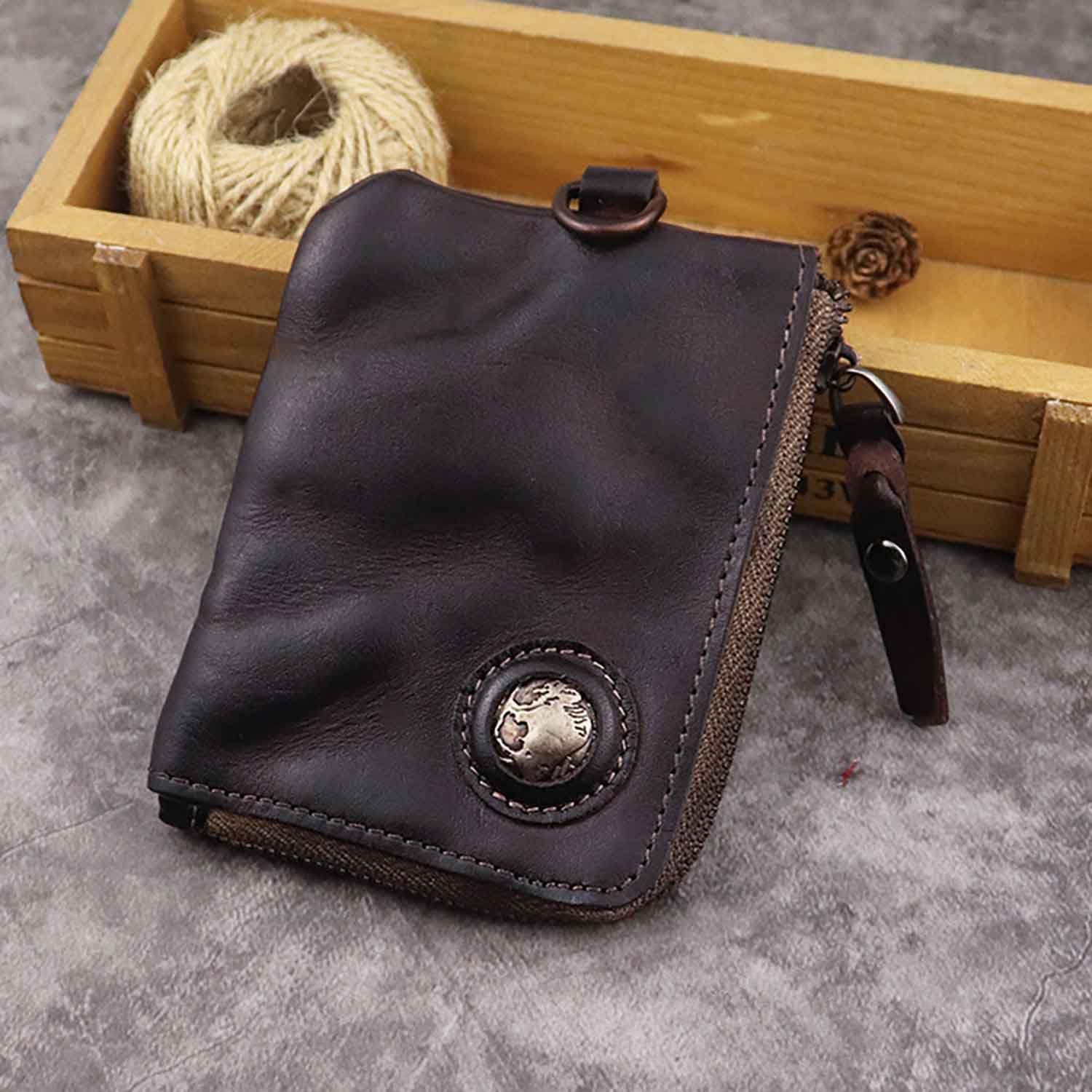 Medieval Pouch, Mini Genuine Leather Coin Pouch Genuine Cowhide Handcrafted Keychain Coin Organizer Zipper Coin Pouch with Card Slot Credit Card Holder Keychain Coin Purse (Coffee) - Image 5