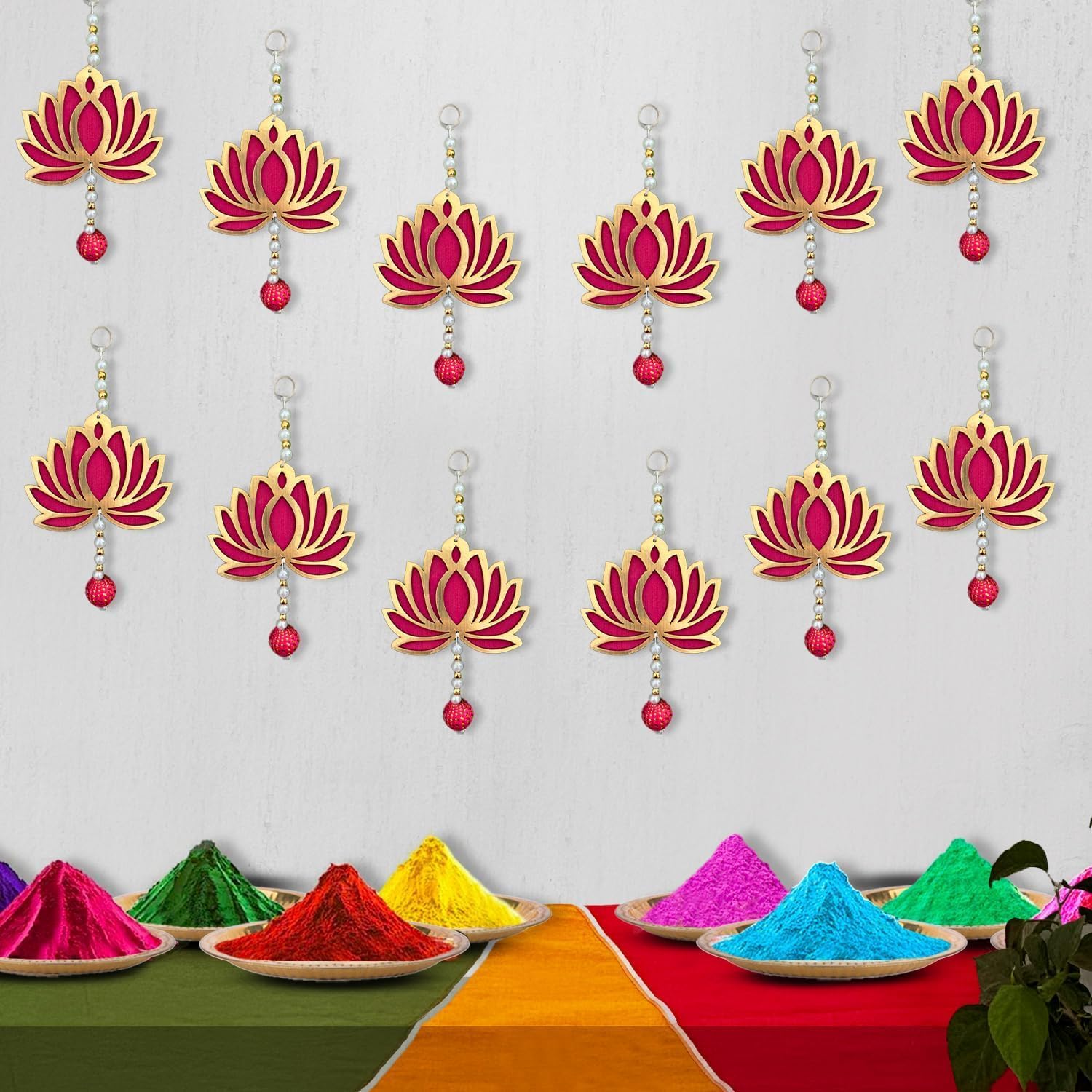 Ręcznie robione zawieszki z lotosu do dekoracji – 12 szt. 20 cm artykuły dekoracyjne Ganpati do domu, kwiatowe zawieszki ścienne MDF, artykuły dekoracyjne Diwali do wystroju domu