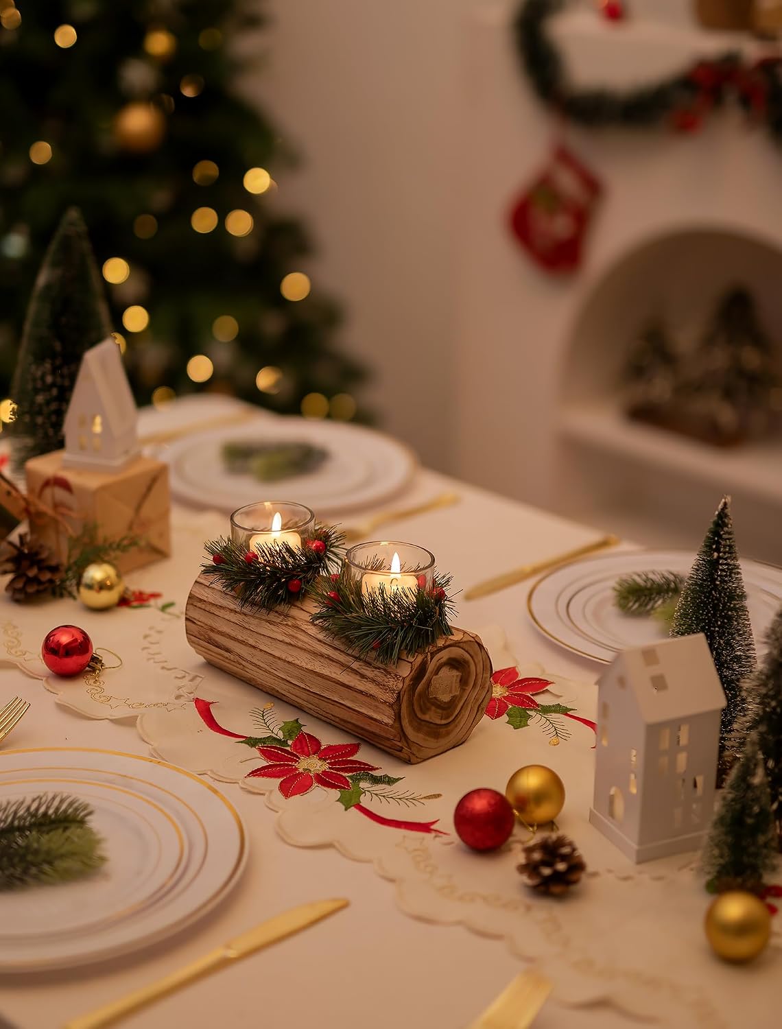 Romadedi Candle Holder Christmas Centerpiece Decoration - Wood Tealight Holders with Mini Wreaths Yule Log Tea Light Coffee Table Table Rustic Farmhouse Home Decor Gift