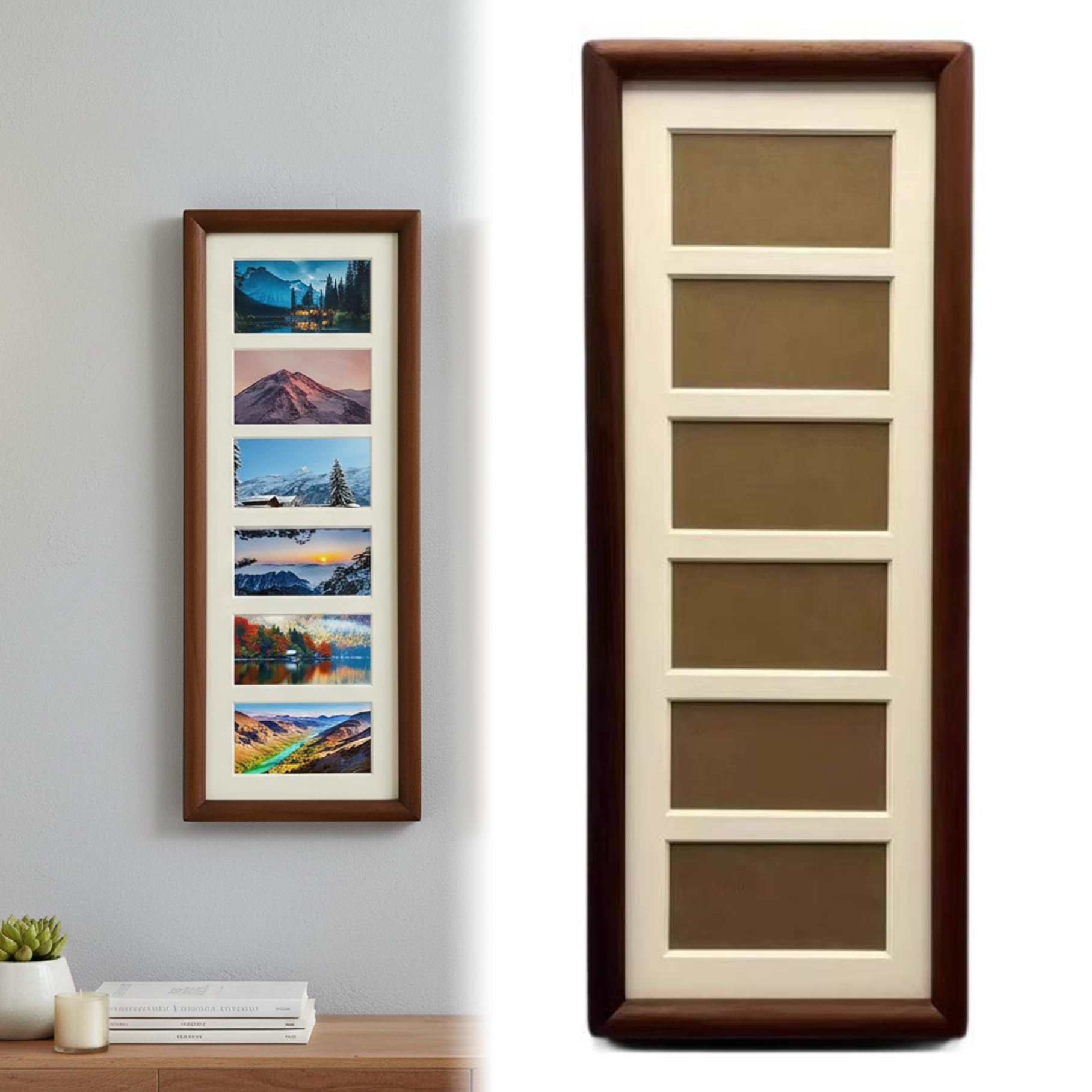 Aetherize 4x12 Frame, Walnut Wood Collage Multi Photo Frame with 6 Openings for Wall Art and Tabletop Display Photo Collage