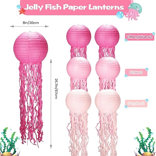 Miniatura 2 de Decoraciones de cumpleaños de sirena, decoración de medusas, paquete de 6, faroles de medusas rosas con cuerda y gancho, medusas colgantes para