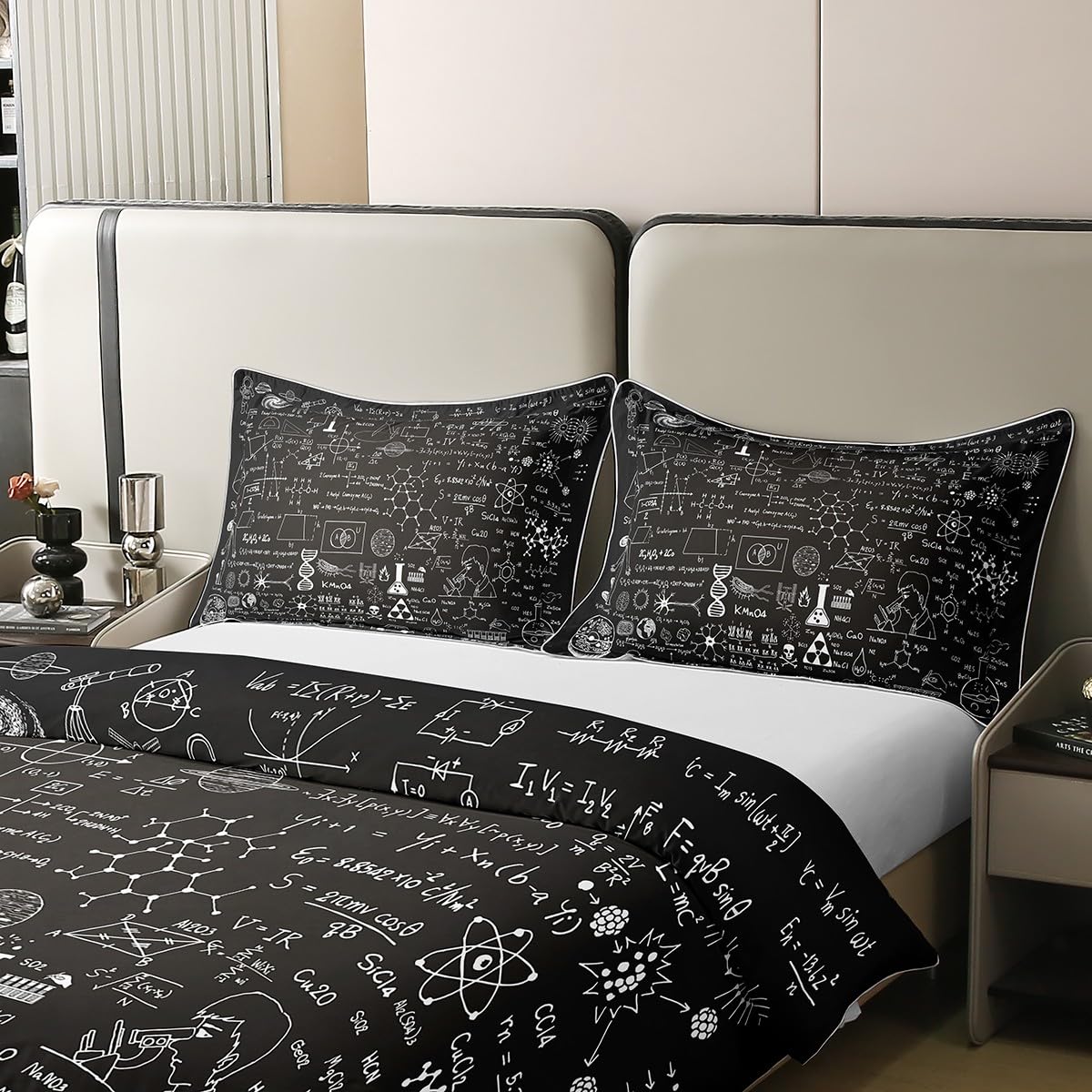 Loussiesd Juego de ropa de cama 100% algodón, 135 x 200 cm, con fórmula científica, juego de ropa de cama para niños, diseño geométrico con números, funda nórdica y cierre de cremallera