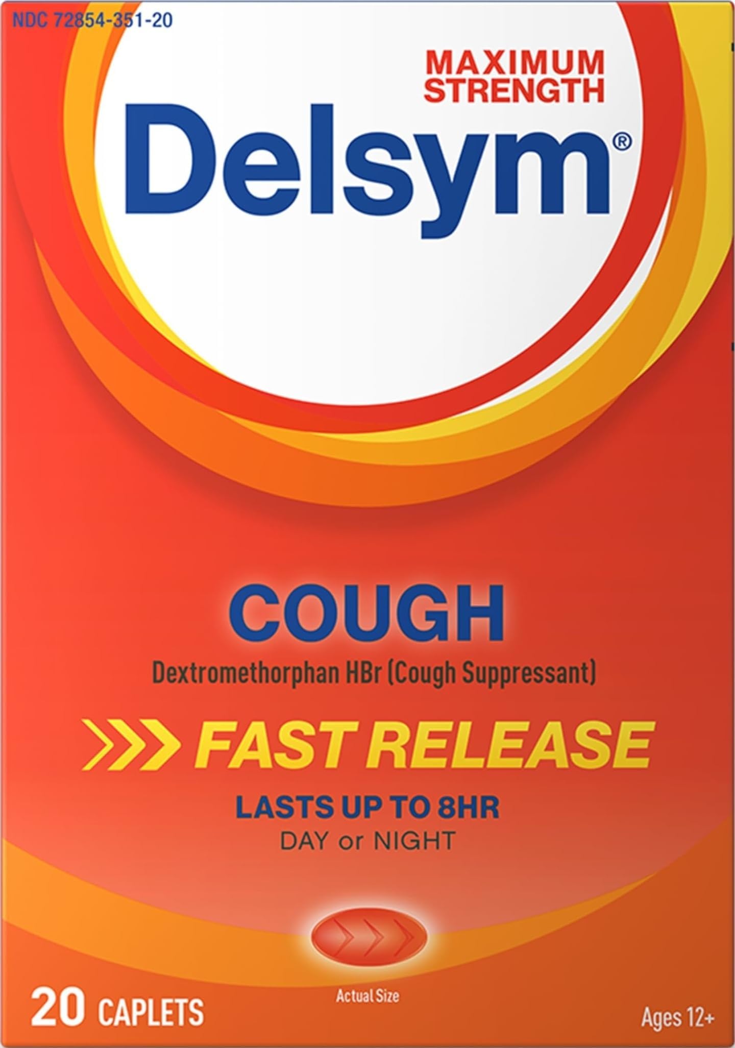 Delsym Maximum Strength Cough Suppressant, Over-the-Counter Medication for Cough, Fast Release Caplets with Dextromethorphan HBr, Cough Medicine for Adults Lasts Up to 8 Hours Day or Night, 20 Count
