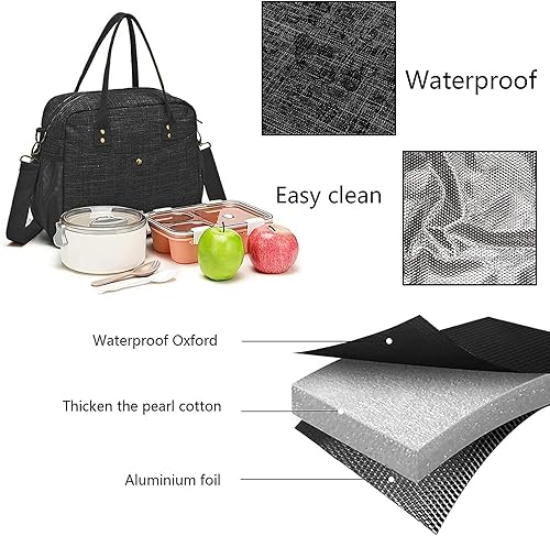 Miniatura 3 de Bolsa de almuerzo para mujer, aislada, impermeable, con correa de hombro ajustable, color negro