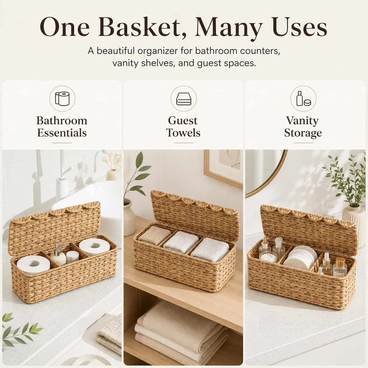 Water Hyacinth Woven Storage Basket with Lid, 3-Section | Natural Water Hyacinth; 3 Divided Sections with Lid for Bathroom Countertop, Vanity, Coffee Table & Toilet Paper Storage