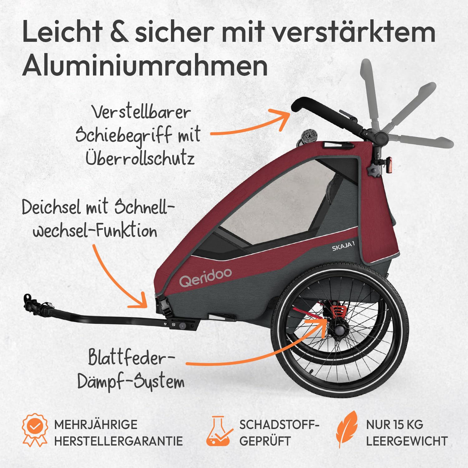Qeridoo Skaja 1 Cayenne Red Fahrradanhänger 1 Kind Premium-Federung 3-in-1-Funktion Kinderfahrradanhänger Jogger Kinderwagen Leicht Sicher Kompakt