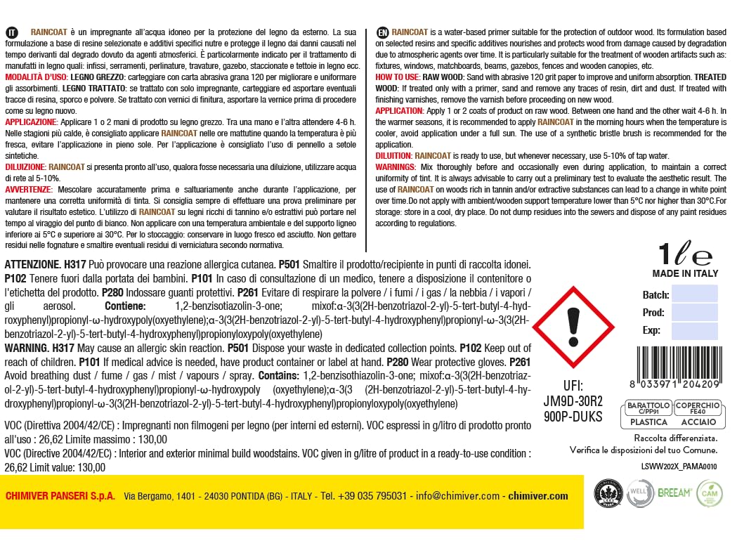 Chimiver RAINCOAT Impregnante per legno da esterno 1 Litro LIGHT/NEUTRO