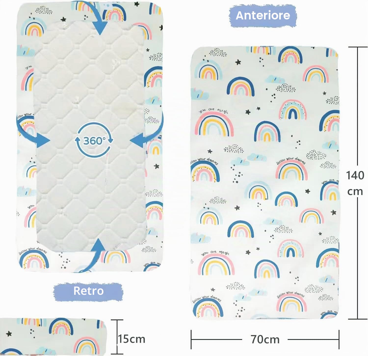 Lenzuola con angoli per lettino, 140 x 70 cm, per bambine e ragazzi, biancheria da letto per culla, in morbido cotone e resistente, con motivo arcobaleno e orsetto rosa