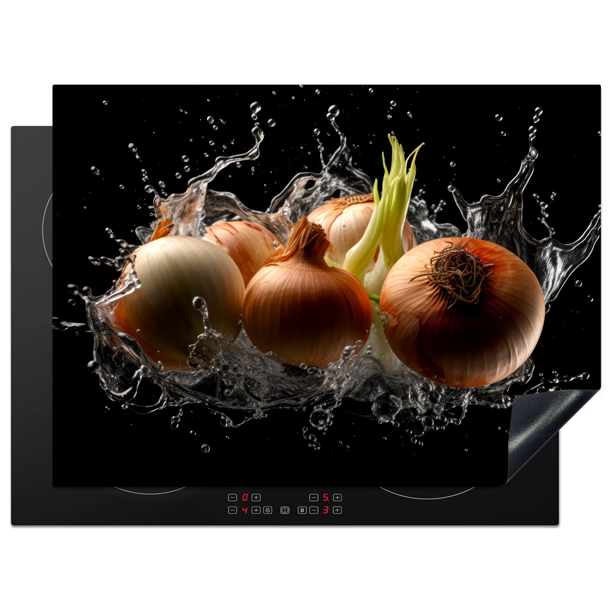 KitchenYeah© Induction Hob Protector Mat 20.5"x27.6" / 70x52 cm Stove Cap Top Cover Kitchen Cooker Covers for Electric Hobs Vinyl Onion - Vegetable - Brown - Water - Black