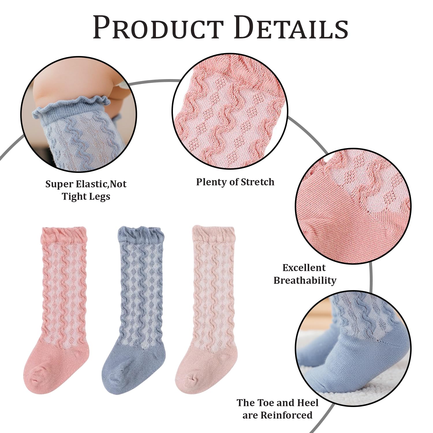 MOMISY 3 Pairs of Baby Spring Winter And Autumn Combed Cotton Long Tube Knee-High Socks (IN, Age, 12 Months, 24 Months, BluePinkPeach) 2