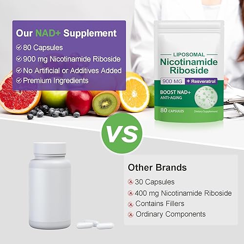 Miniatura 8 de Ribosida de nicotinamida liposomal, 900 mg de resveratrol NAD+ Suplemento NMN alternativo para mujeres y hombres, suplemento NAD para