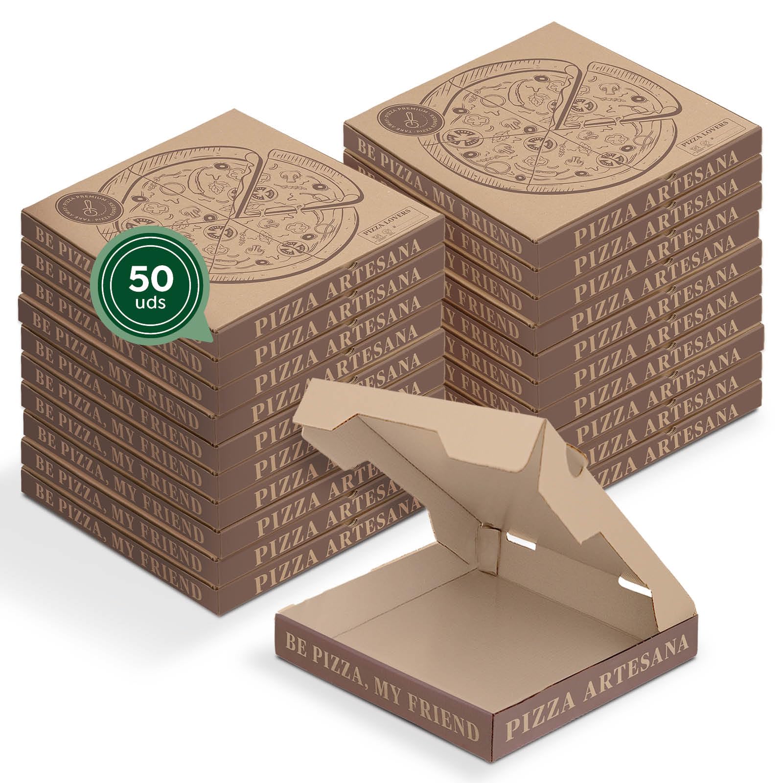 MAXI PRODUCTS - 50 Unidades - Caja para Pizza de Cartón Kraft Decorado para llevar de 26 x 26 x 3,5 cm - Caja Pizza, Take Away, Reciclable,porta pizza, Cierre Seguro, Comida para llevar - FACIL USO