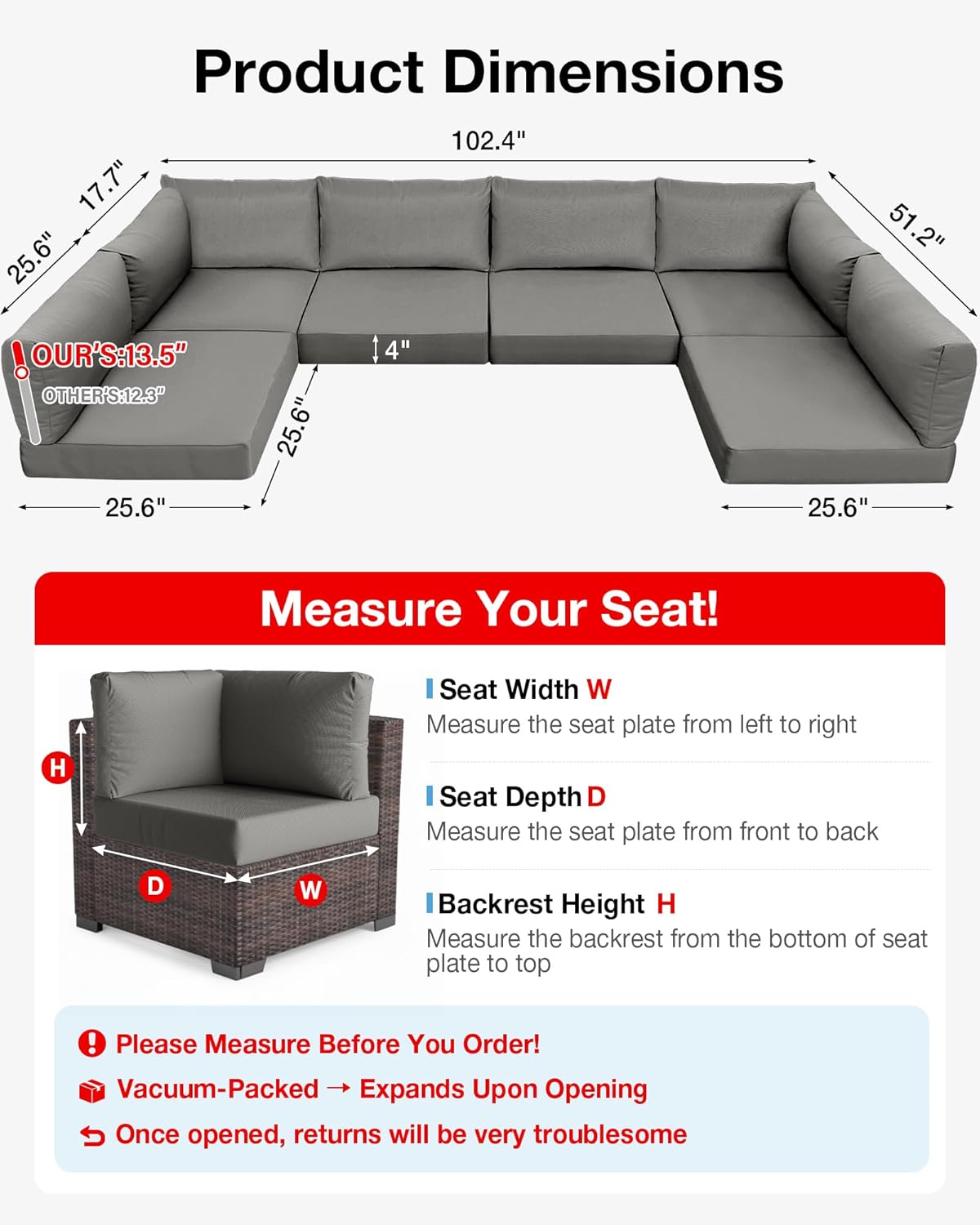 YEFU Patio Furniture Cushions Waterproof: Patio Cushions for Outdoor Furniture Olefin Fabric Fade-Resistant & All Weathe - Outdoor Sectional Replacement Couch for 6-Seat Rattan Wicker - Storage Bag